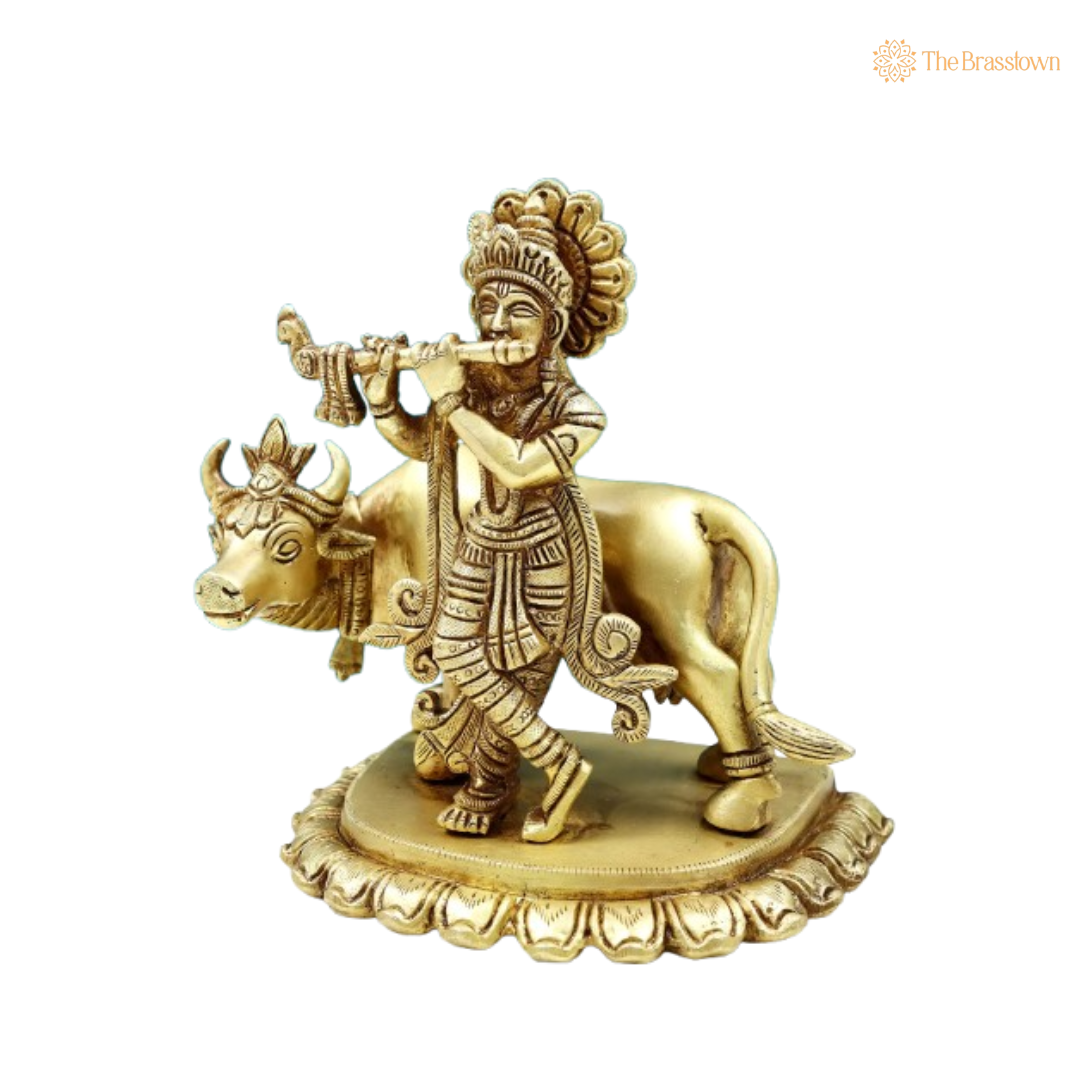 Brass Lord Krishna with Flute and Cow Idol 7 Inch