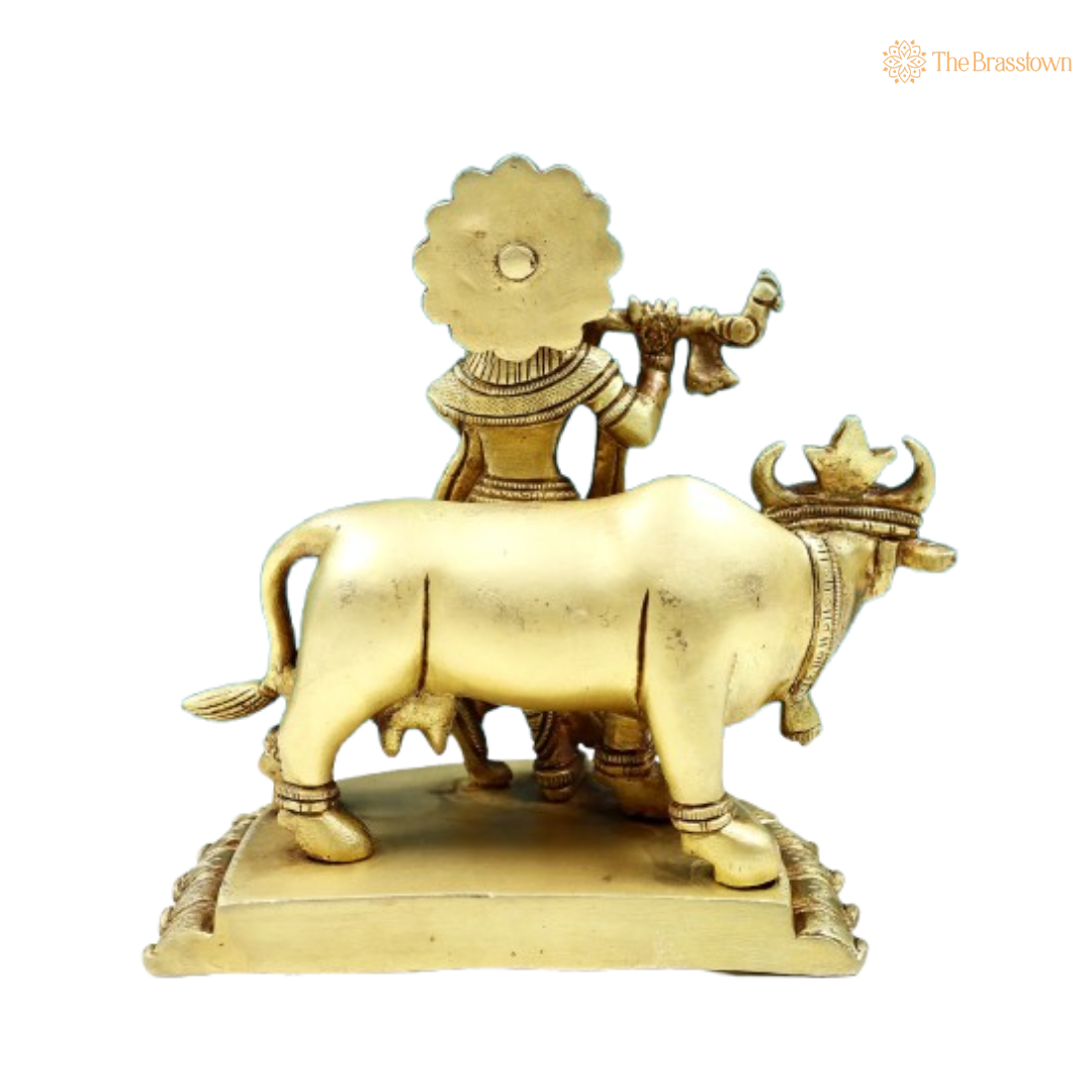 Brass Lord Krishna with Flute and Cow Idol 7 Inch