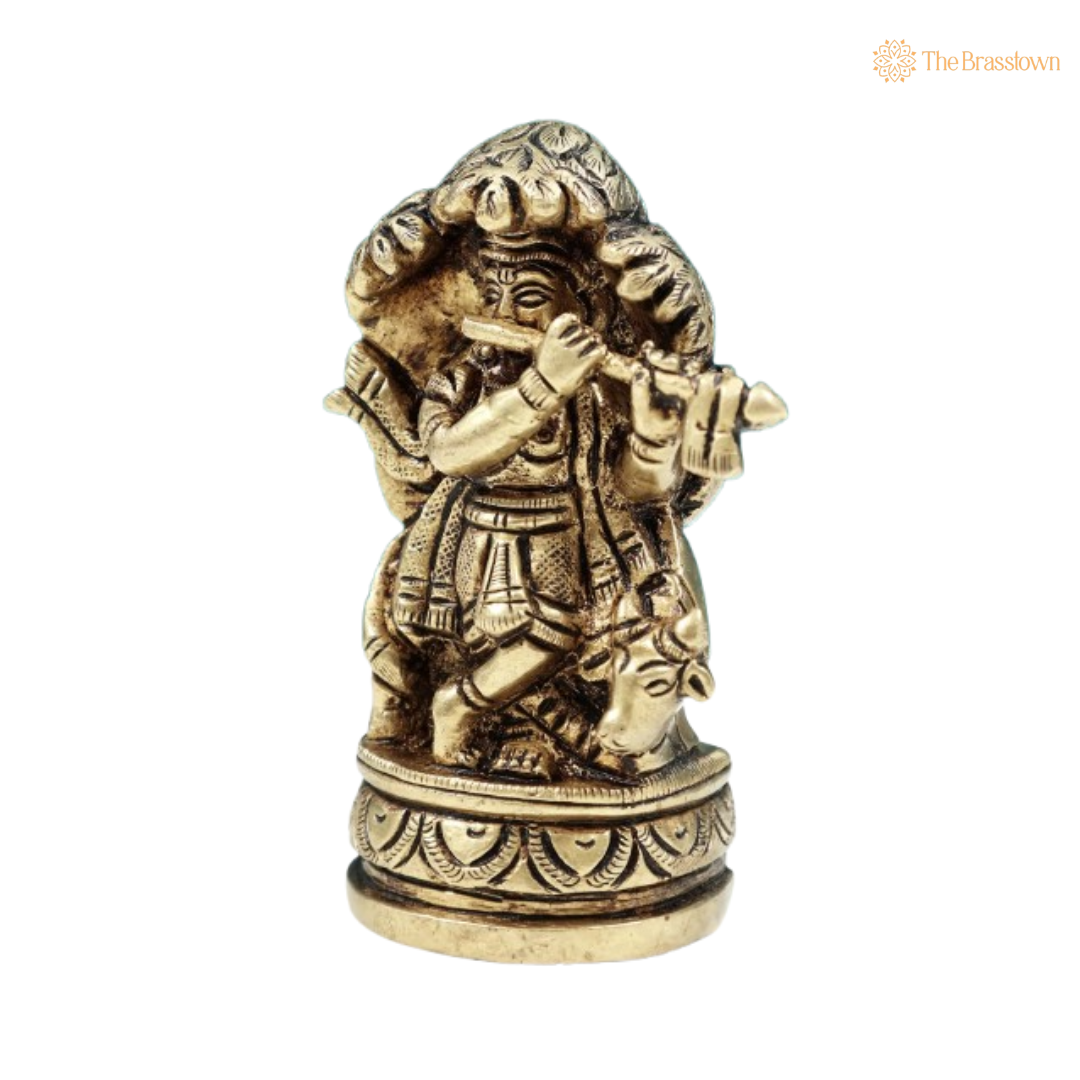 Brass Lord Krishna with Flute and Serpent Idol 3.5 Inch