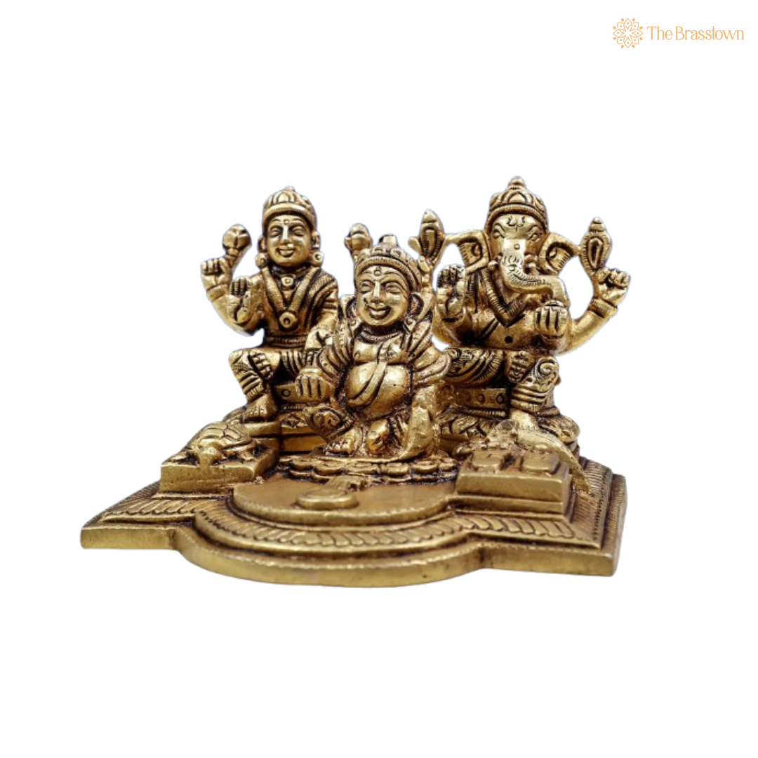 Brass Lord Kuber, Goddess Lakshmi & Lord Ganesha Idol 3 Inch