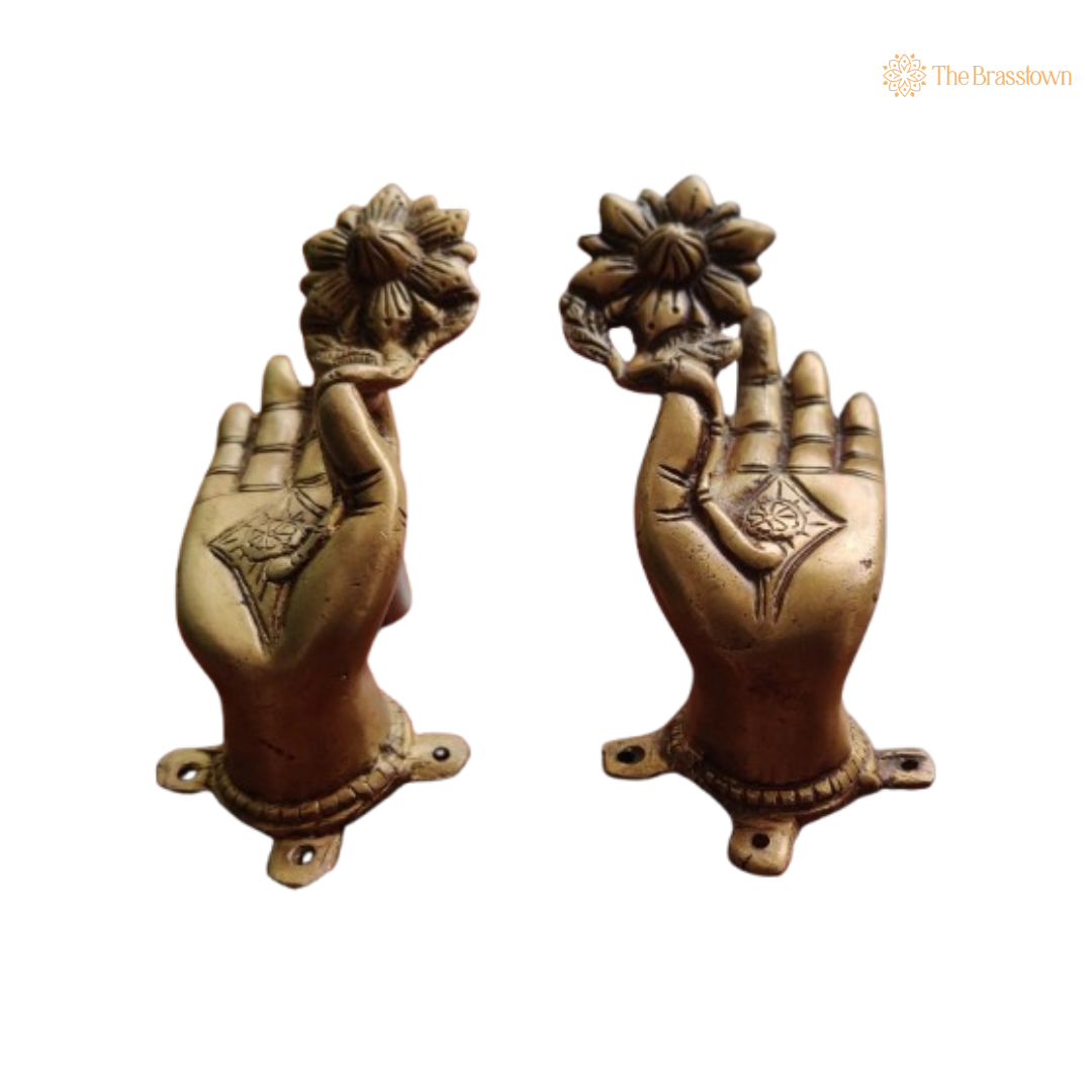 Brass Lotus Hand Door Handle Pair – Graceful Elegance for Your Space 7 Inch