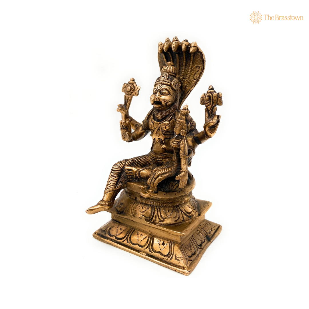 Brass Narasimha with Lakshmi Statue 7 Inch