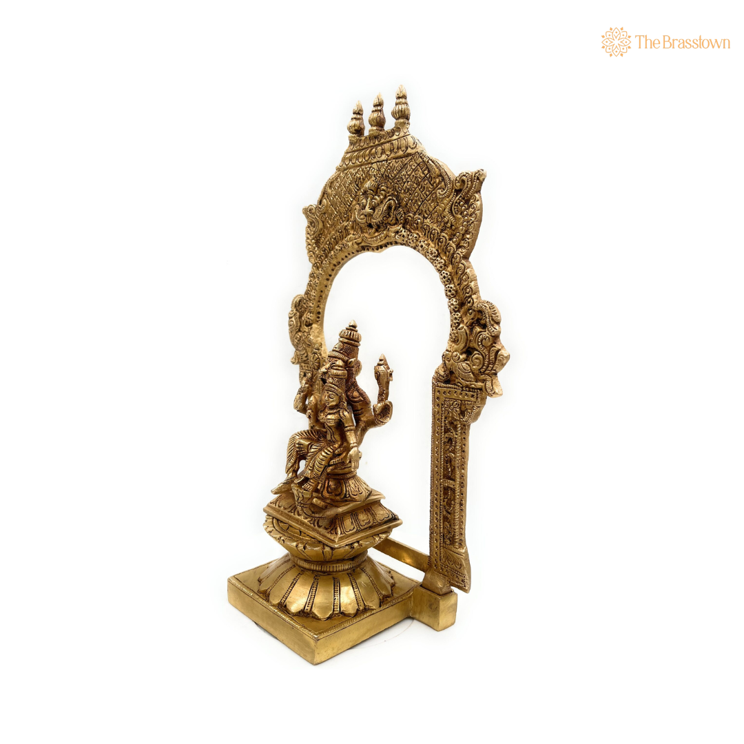 Brass Narasimha with Lakshmi Statue in Ornate Arch 10.5 Inch