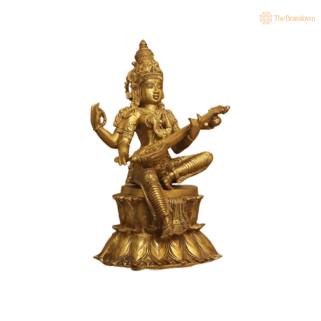 Brass Saraswati Sitting on Lotus Statue 15 Inch