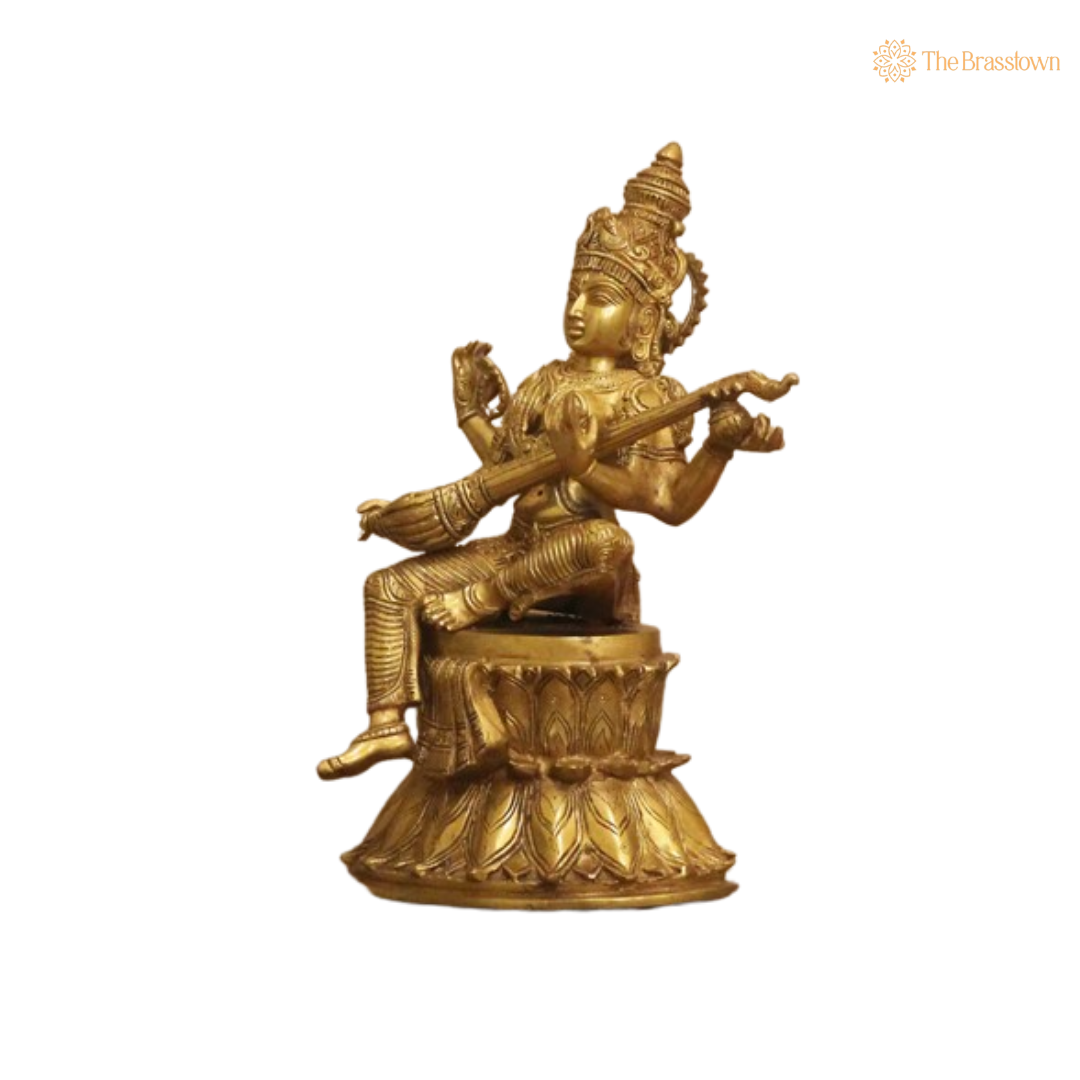 Brass Saraswati Sitting on Lotus Statue 15 Inch