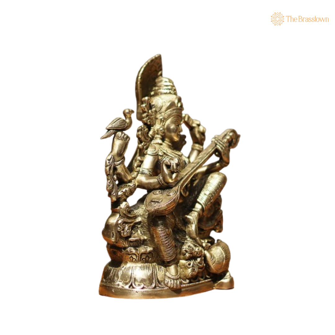 Brass Saraswati Statue with Peacock Motif 11 Inch