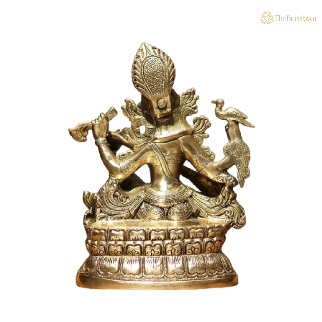 Brass Saraswati Statue with Peacock Motif 11 Inch