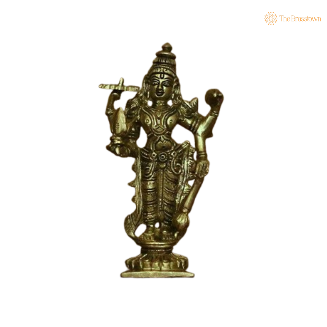 Brass Vishnu, Lakshmi, and Bhudevi Statue Set 6 Inch