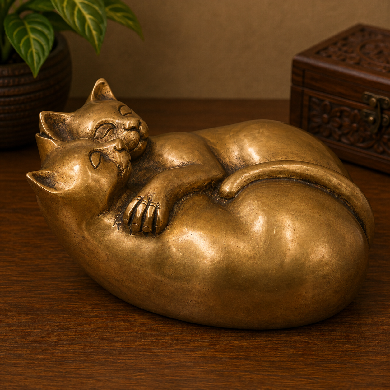 Handcrafted Brass Two Cat Sculpture – Handcrafted Cat Sculpture for Vastu, Home Décor, Pooja & Luxury Gifting 3.5 Inch