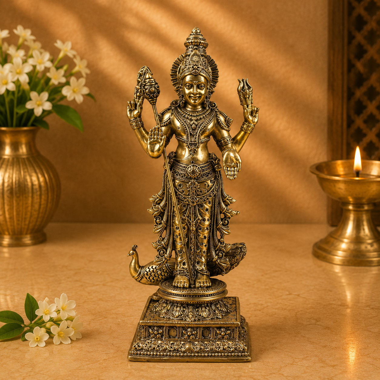 Brass Handcrafted Chola Murugan Idol with Vel – Lord Subramanya Kartikeya Statue for Pooja, Home Mandir, Spiritual Décor & Gifting 8 Inch