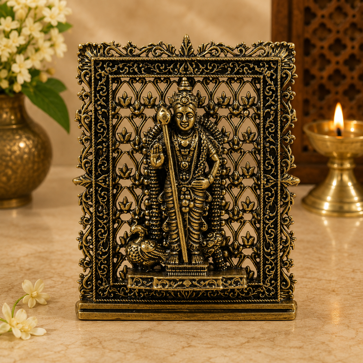 Brass Kartikeya (Murugan) Panel – Fine Handcrafted Lord Murugan Wall Plaque for Car Dashboard, Home Décor & Spiritual Blessings 3 Inch