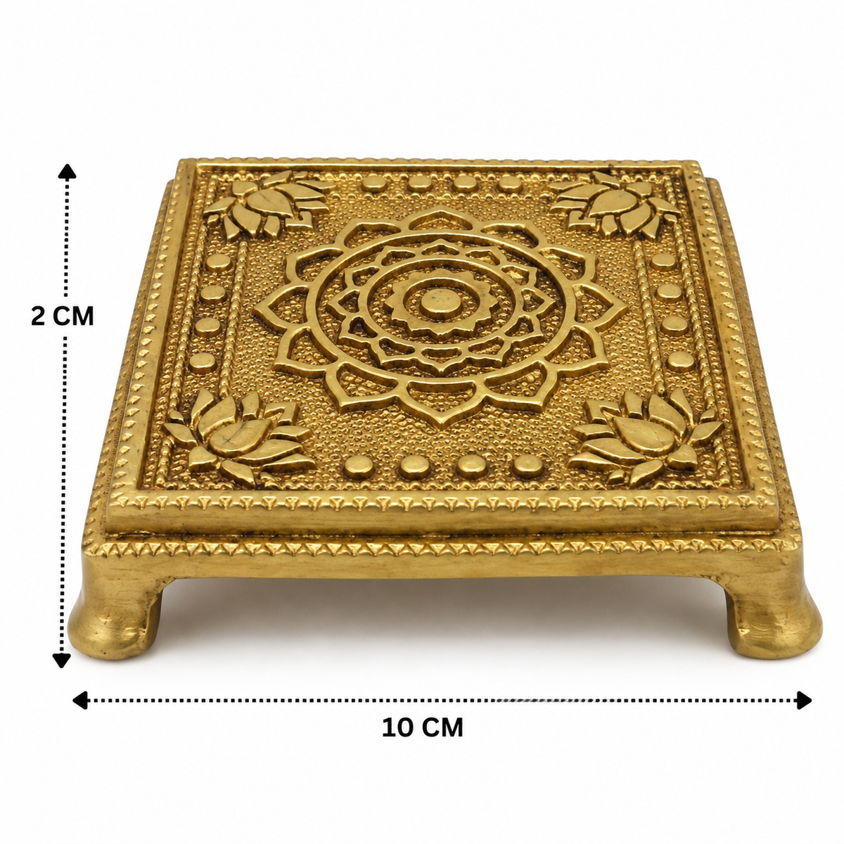 Traditonal Handcrafted Brass Chowki Platform – Traditional Pooja Peetha / Singhasan for Idols, Kalash & Ritual Use 4 Inch