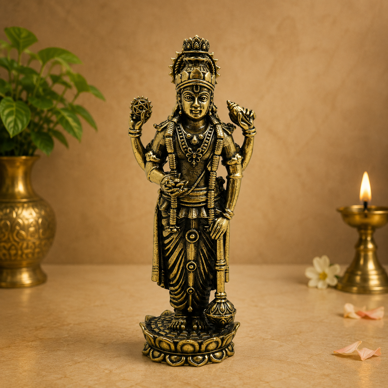Handcrafted Brass Vishnu Idol – Narayana / Balaji Murti for Home Temple, Puja & Spiritual Decor 4 Inch