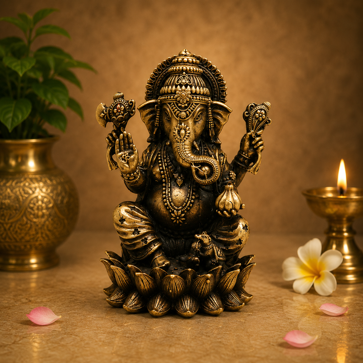 Handcrafted Brass Ganpati Bappa Idol – Lord Ganesha Murti (Vighnaharta) for Puja, Home Mandir & Décor 3 Inch