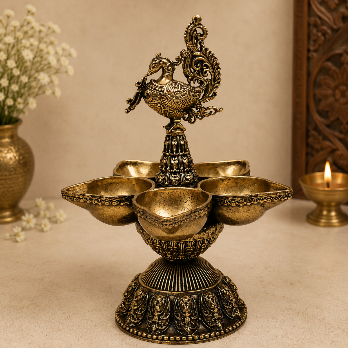 Traditional Peacock Deepam Diya – Mayur Design Oil Lamp (Peetal Deepak) for Puja, Aarti & Home Mandir Décor 6.5 Inch