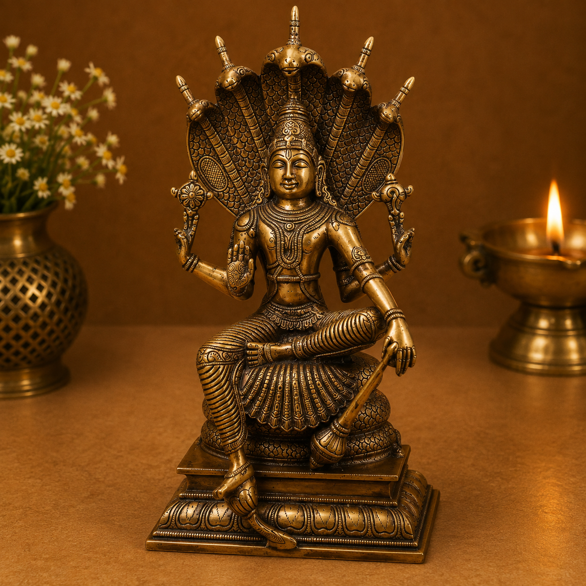 Brass Vishnu on Sheshnag Idol – Traditional - Handcrafted Pooja Decor by The Brasstown
