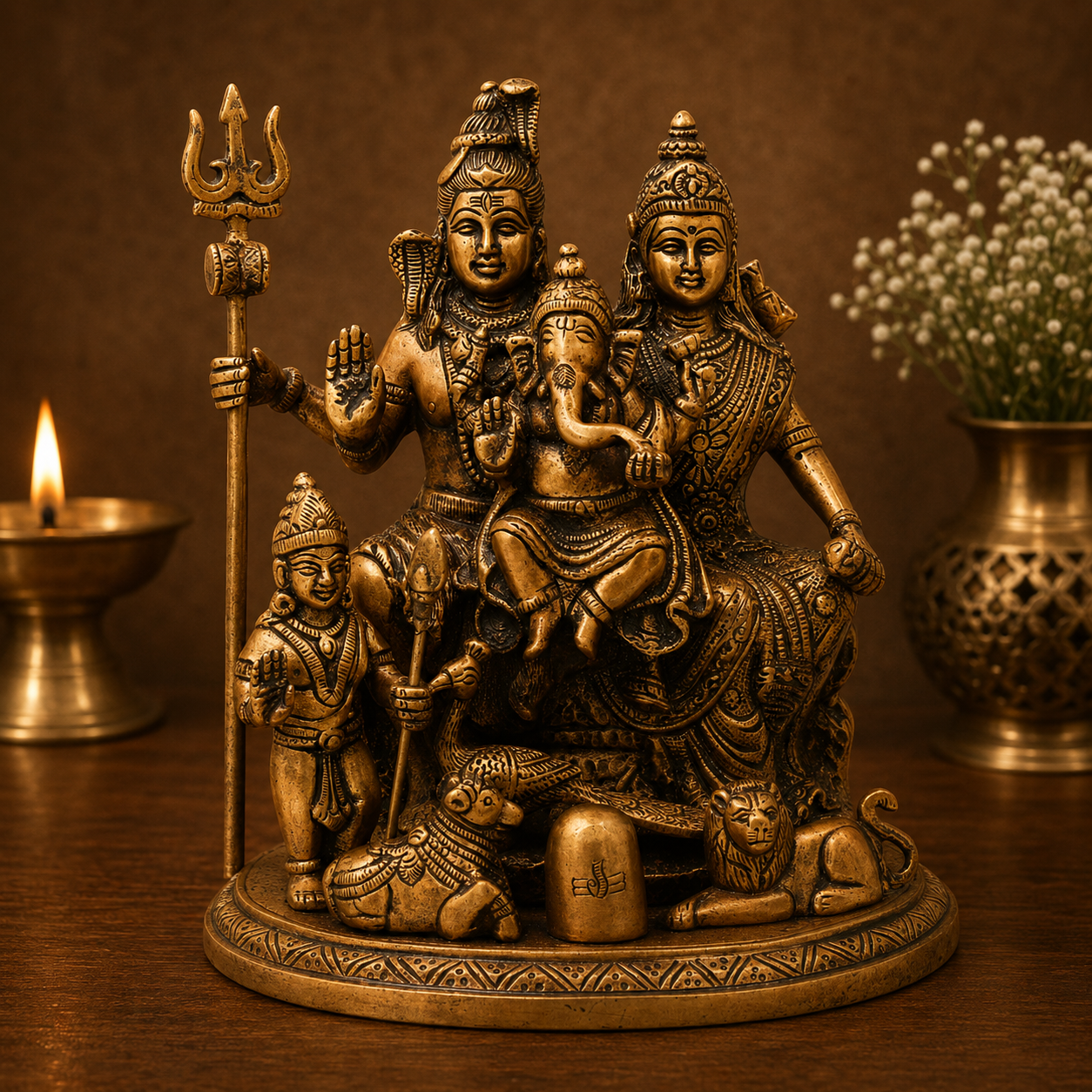 Brass chola Style Brass Shiv Parivar Idol - Handcrafted Pooja Decor by The Brasstown