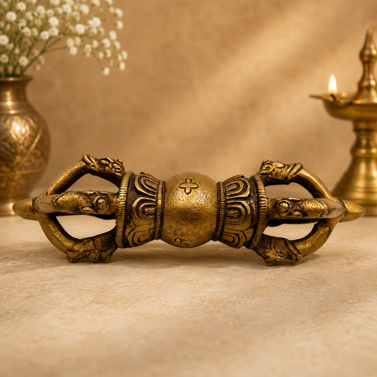 Handcrafted Brass Dorje / Vajra Idol – Tibetan Thunderbolt Scepter for Puja & Spiritual Décor 7 Inch