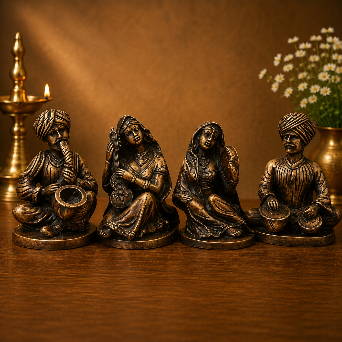 Brass Musician Sculpture Set of 4 - Handcrafted Pooja Decor by The Brasstown