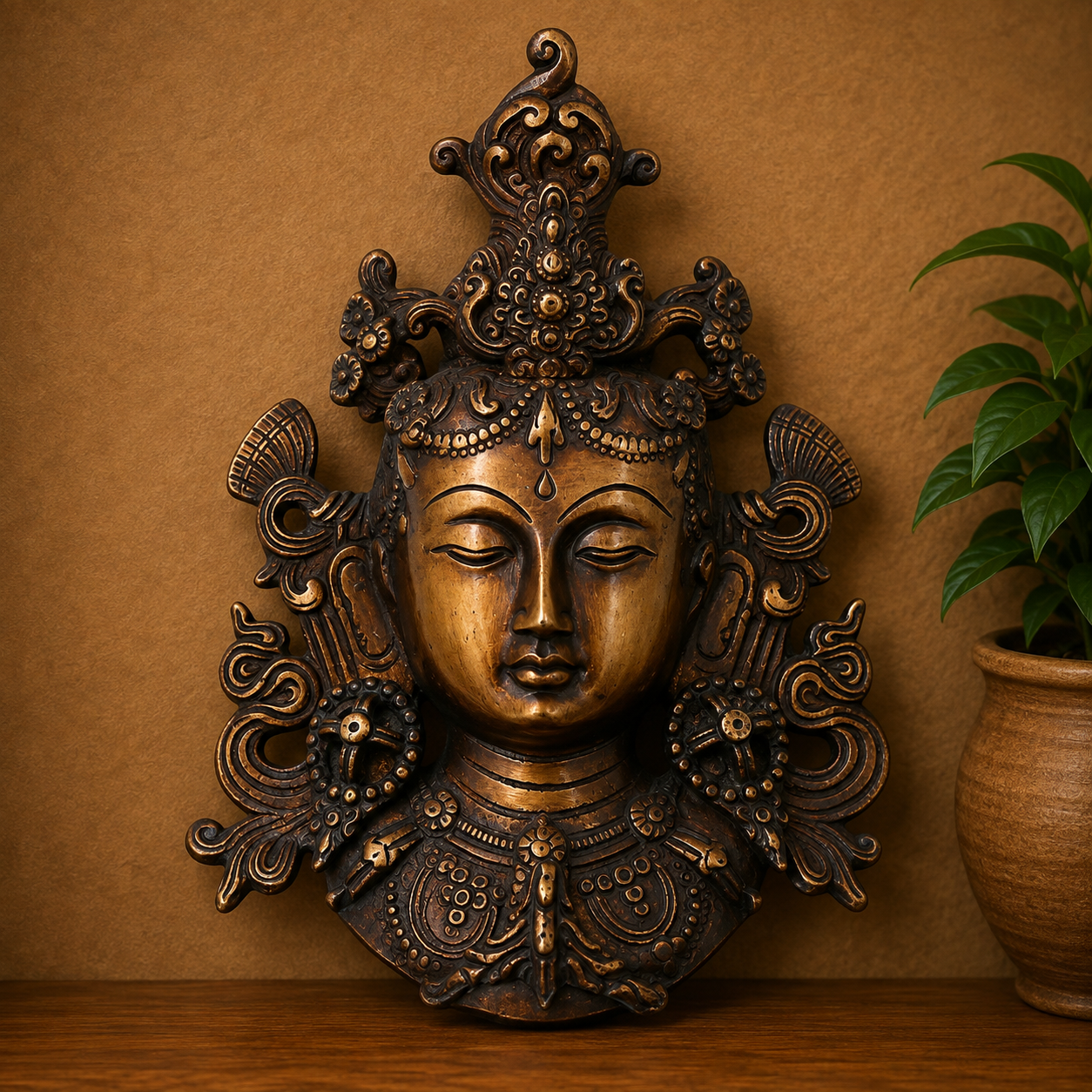 Brass Tara Devi Mask Wall Hanging – Handcrafted Mahavidya Goddess Face Wall Décor for Pooja, Home Mandir & Spiritual Gifting 8.5 Inch