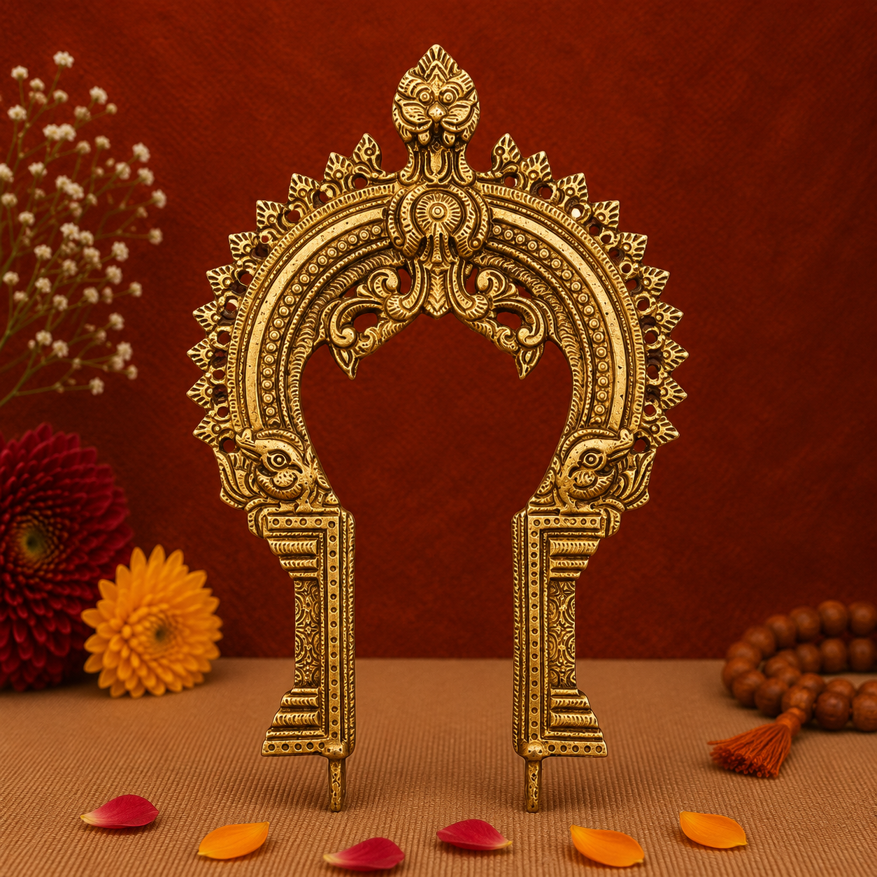 Antique Brass Arch with Intricate Peacock Design 7.5 Inch