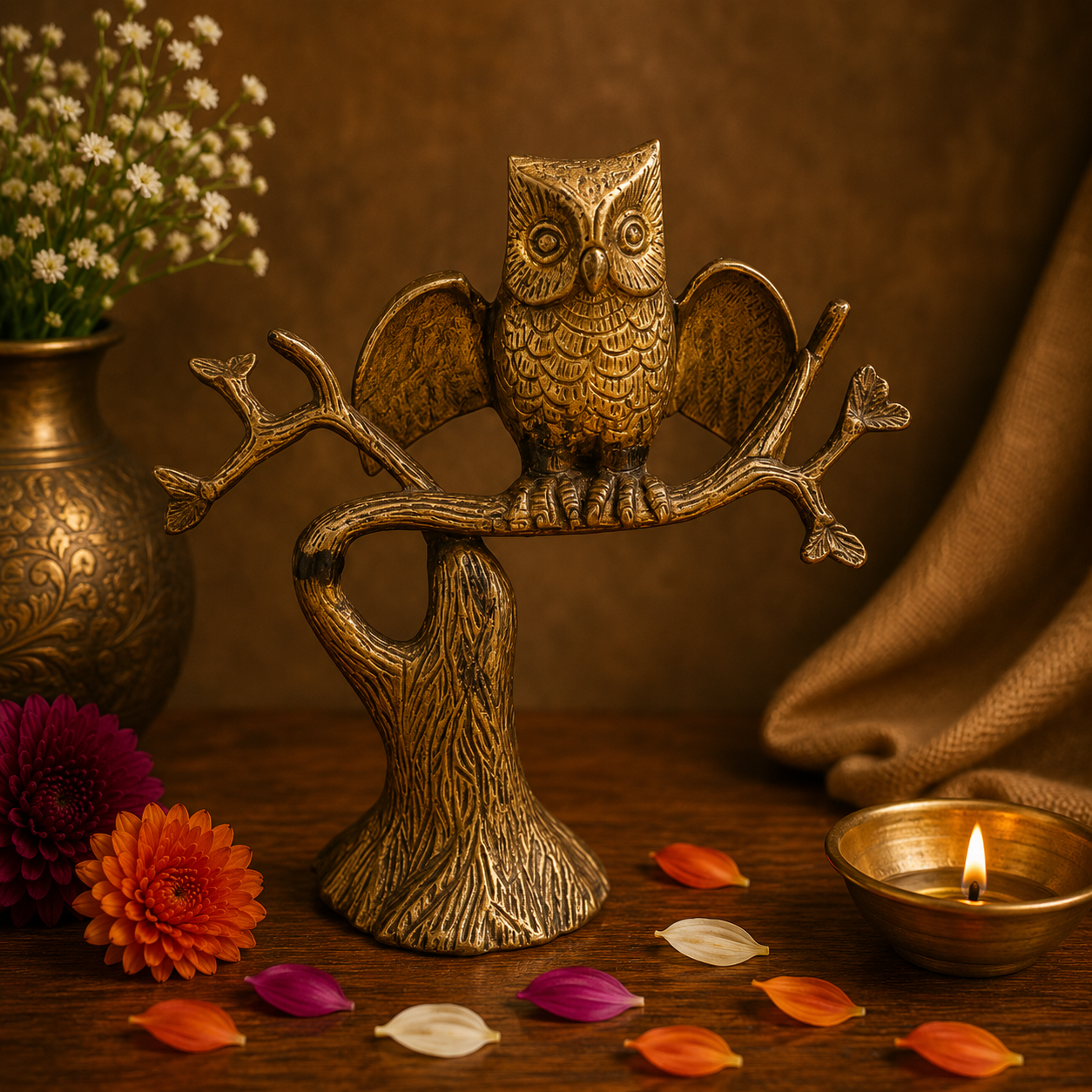 Handcrafted Brass Owl on a Tree Figurine 8 Inch