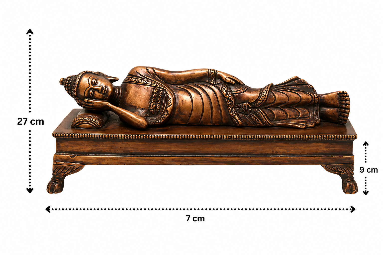 Brass Sleeping Buddha Statue – Handcrafted Reclining Nirvana Statue Traditional Buddhist Buddha Murti 10.5 Inch