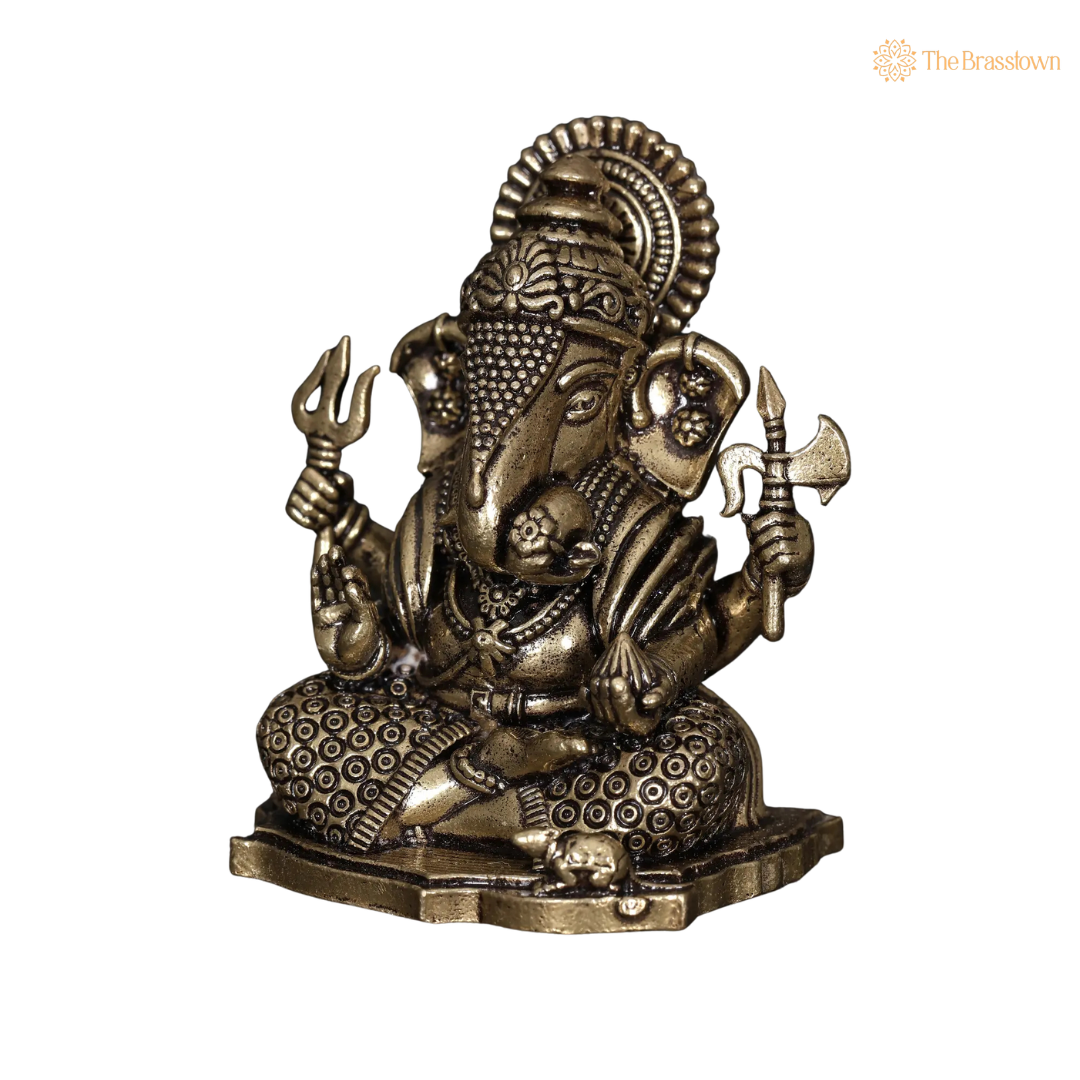 Brass Sitting Ganesha Idol 3 Inch closeup – intricate craftsmanship