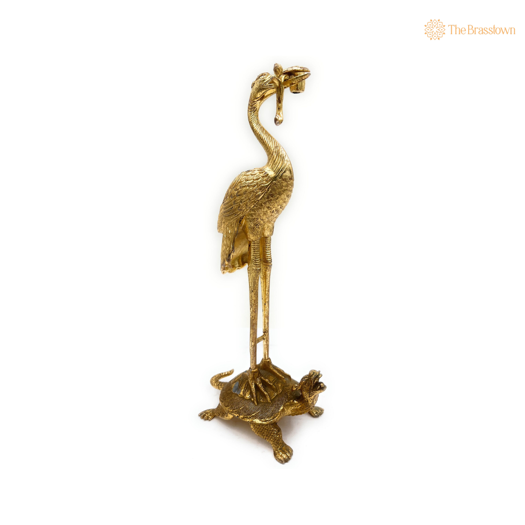 Handcrafted Brass Crane and Turtle Sculpture 10.5 Inch