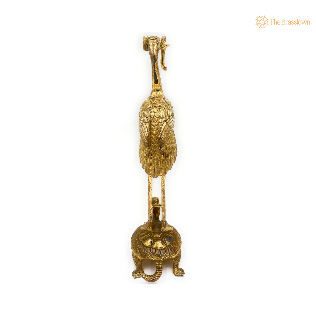 Handcrafted Brass Crane and Turtle Sculpture 10.5 Inch