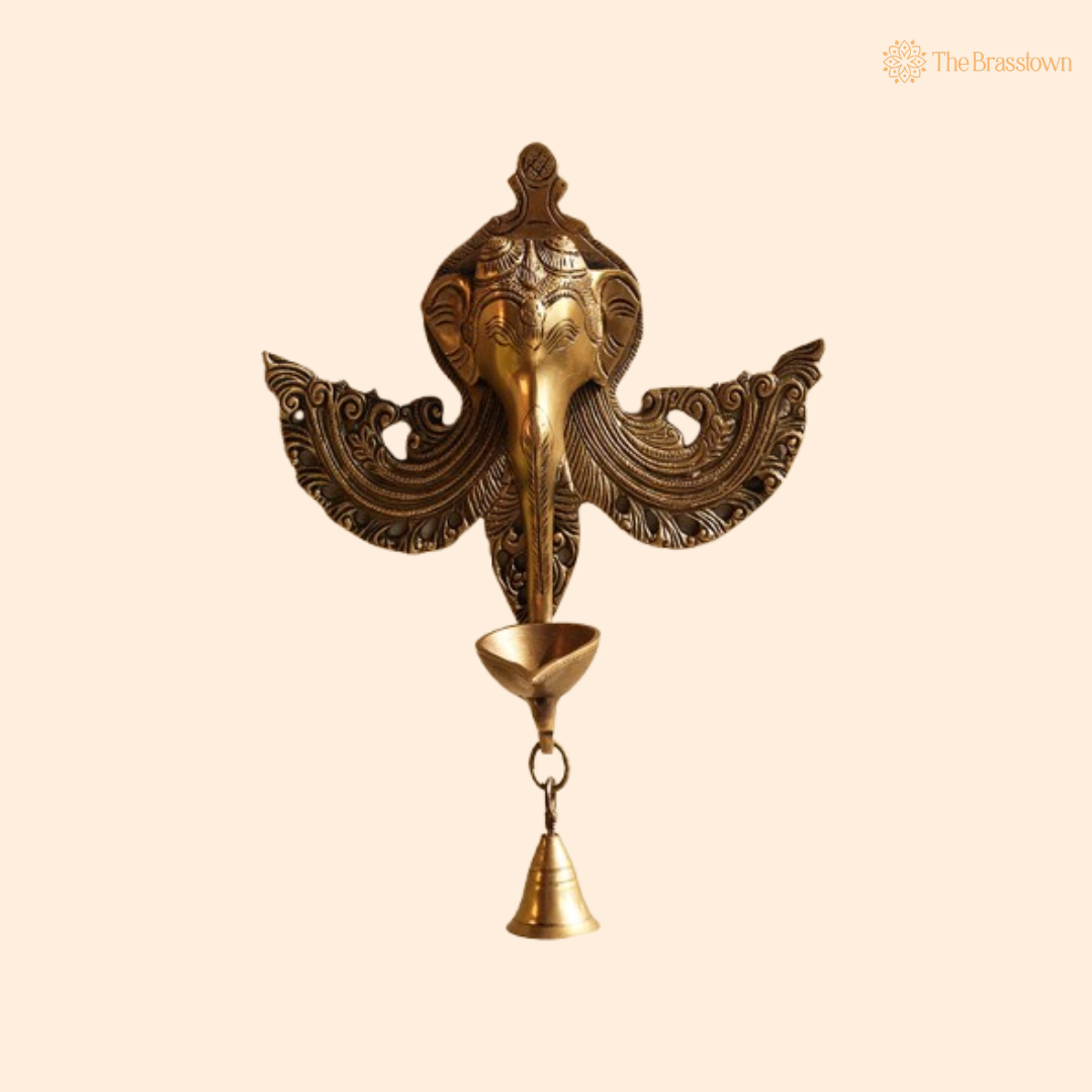 Handcrafted Brass Ganesha Wall Hanging Oil Lamp with Bell 11 Inch