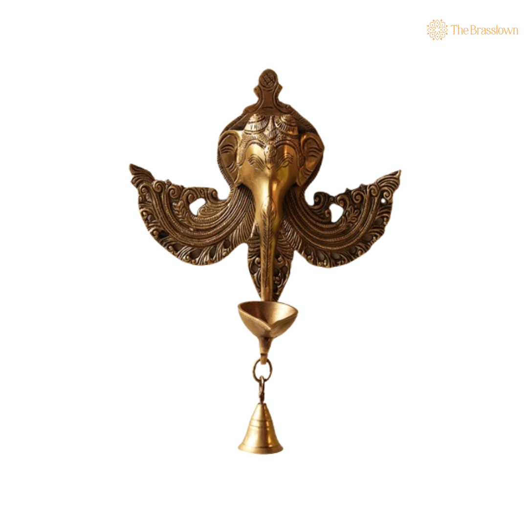 Handcrafted Brass Ganesha Wall Hanging Oil Lamp with Bell 11 Inch