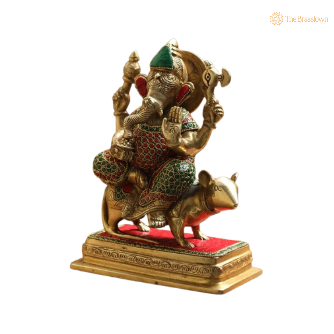Handcrafted Brass Ganesha on Mouse with Enamel Work 10 Inch