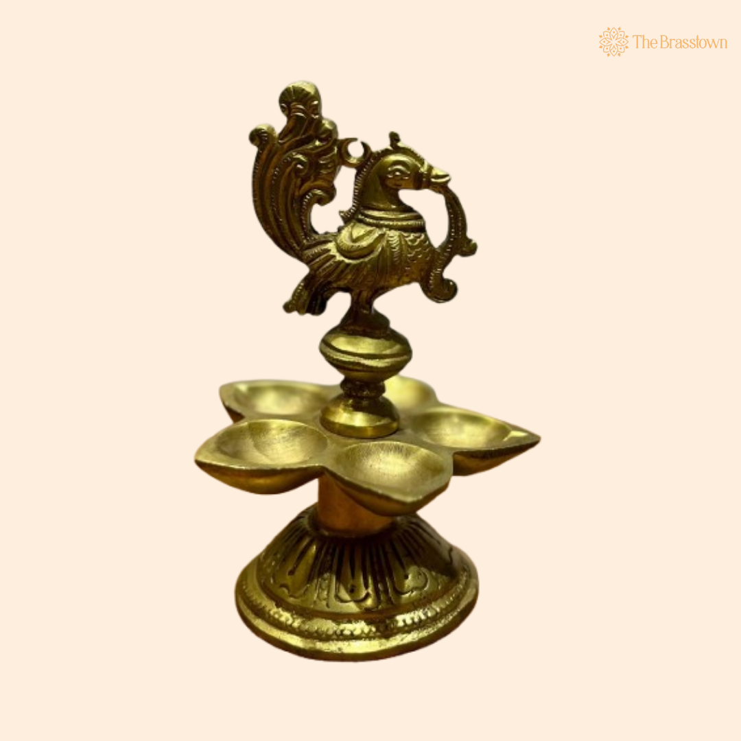 Handcrafted Brass Peacock Five-Wick Diya 5.75 Inch