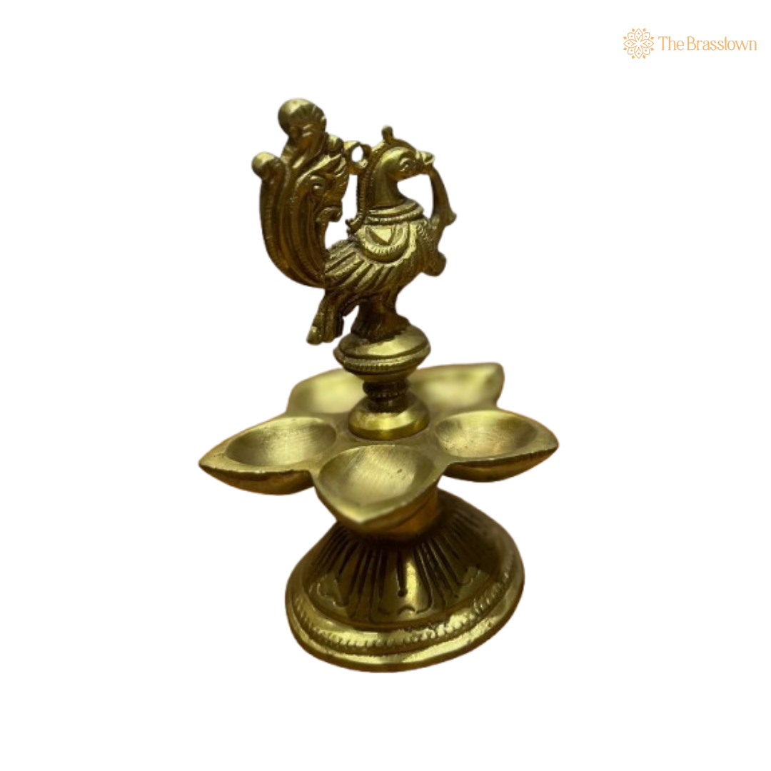 Handcrafted Brass Peacock Five-Wick Diya 5.75 Inch