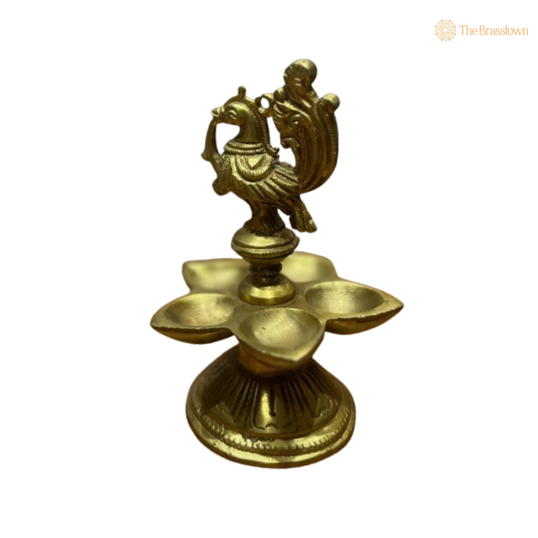 Handcrafted Brass Peacock Five-Wick Diya 5.75 Inch