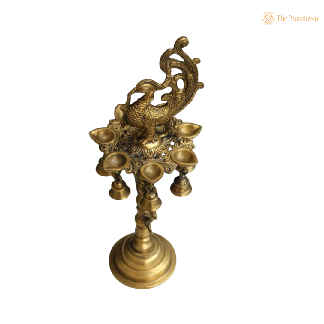 Handcrafted Brass Peacock Lamp with Bells 7 Inch