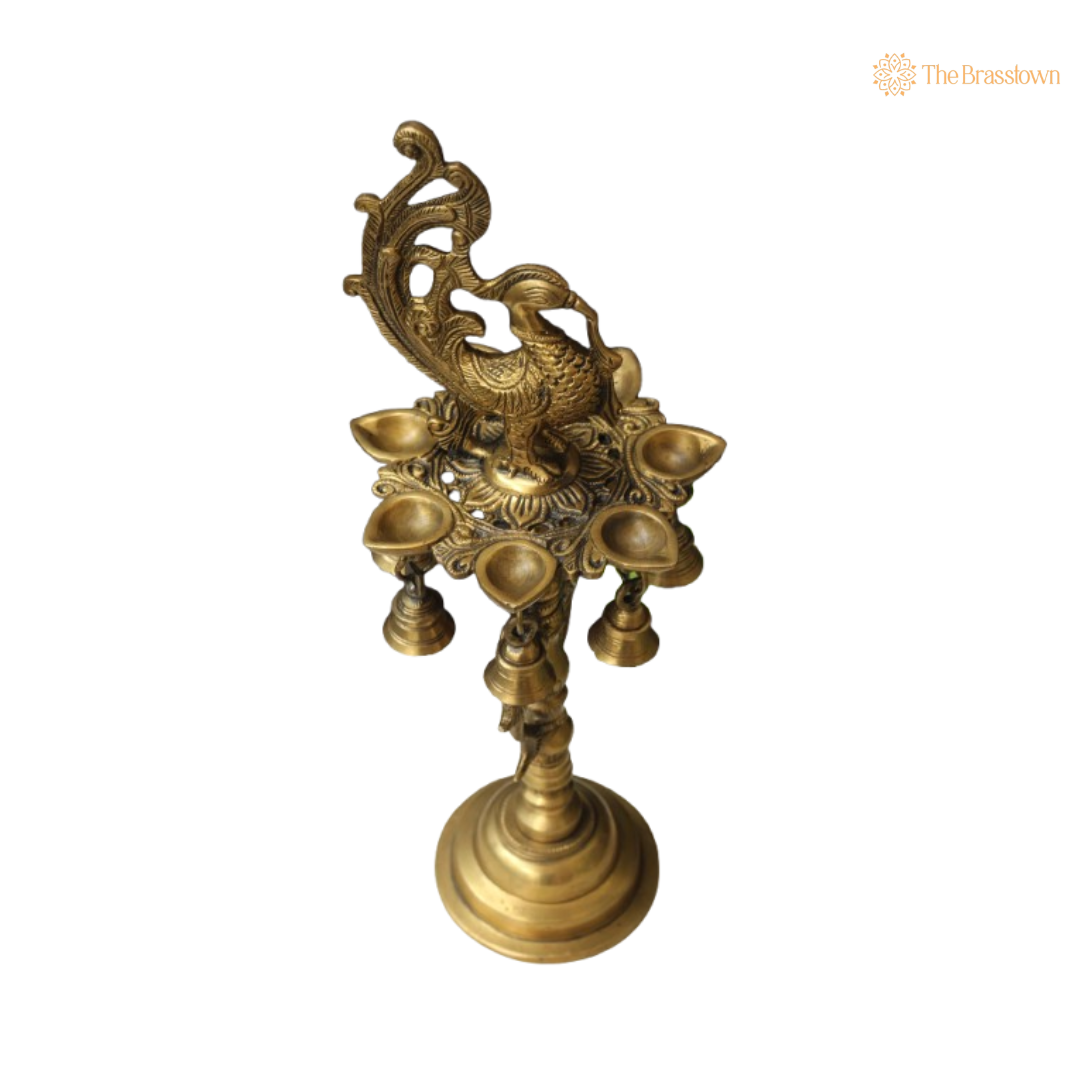 Handcrafted Brass Peacock Lamp with Bells 7 Inch