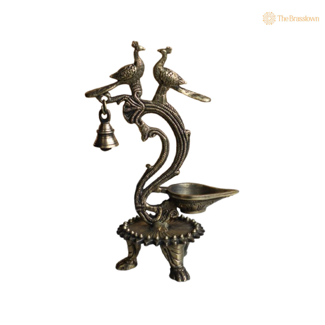 Handcrafted Brass Peacock Oil Lamp with Bell 11 Inch