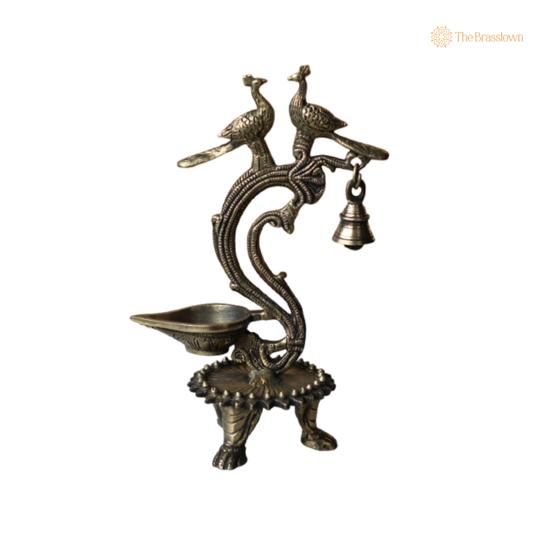 Handcrafted Brass Peacock Oil Lamp with Bell 11 Inch