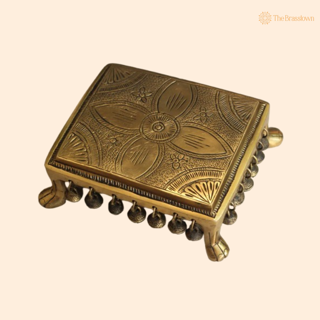 Handcrafted Brass Pooja Chowki with Decorative Bells 6.25