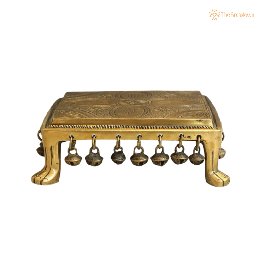 Handcrafted Brass Pooja Chowki with Decorative Bells 6.25