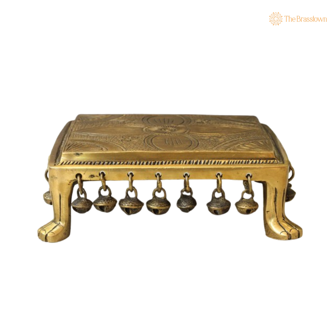 Handcrafted Brass Pooja Chowki with Decorative Bells 6.25