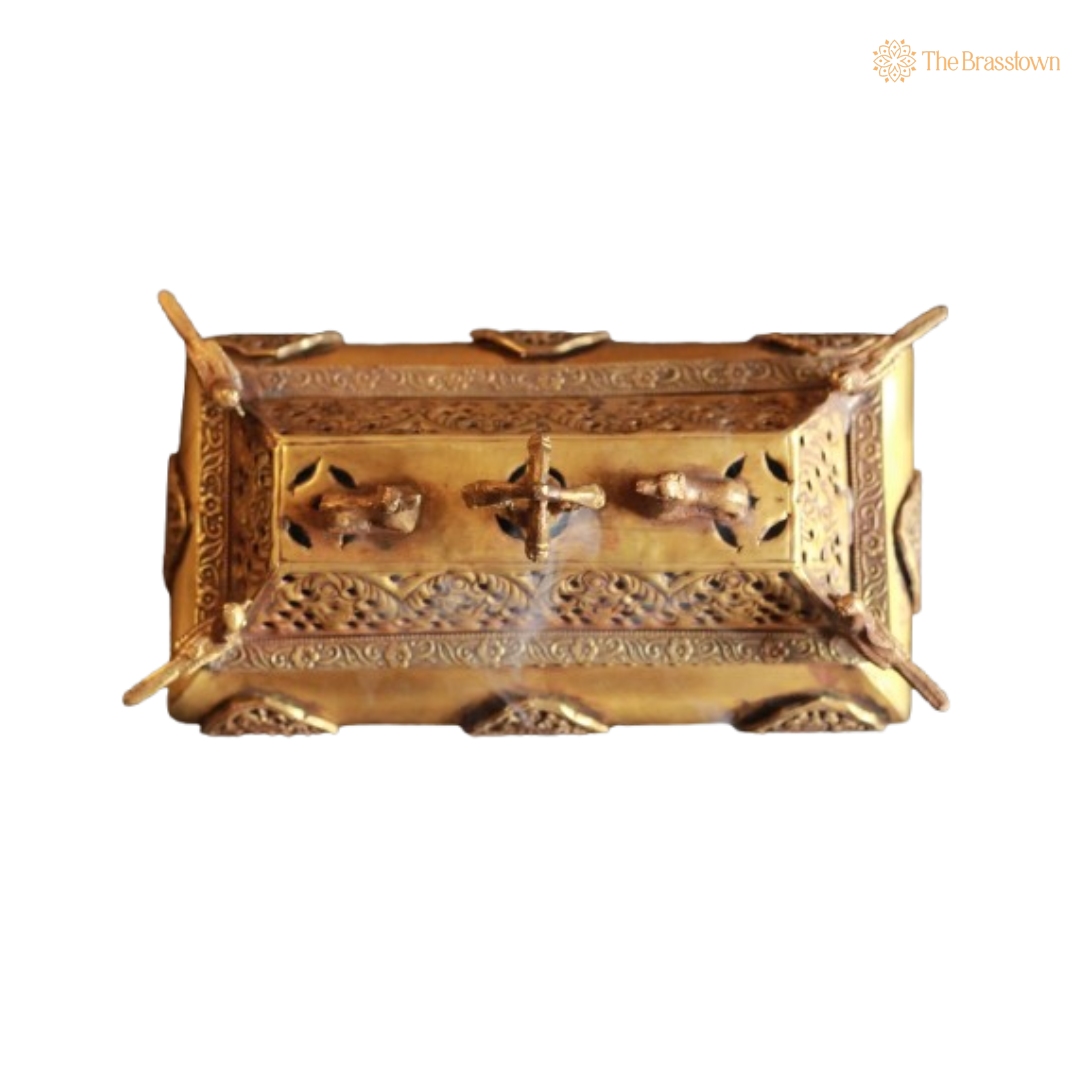 Handcrafted Brass Rectangular Dhoop Dani with Decorative Figures 7.5 Inch