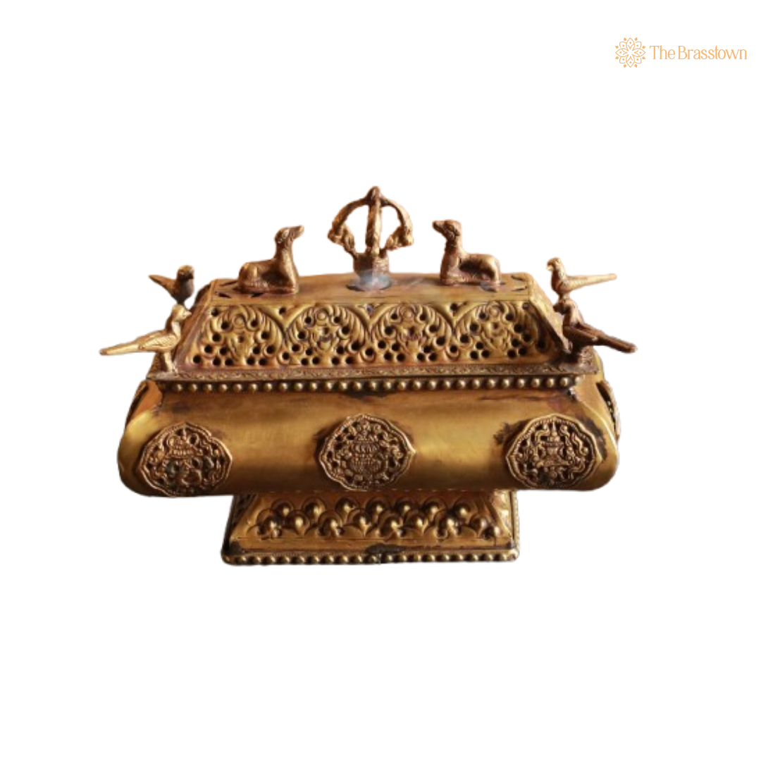 Handcrafted Brass Rectangular Dhoop Dani with Decorative Figures 7.5 Inch