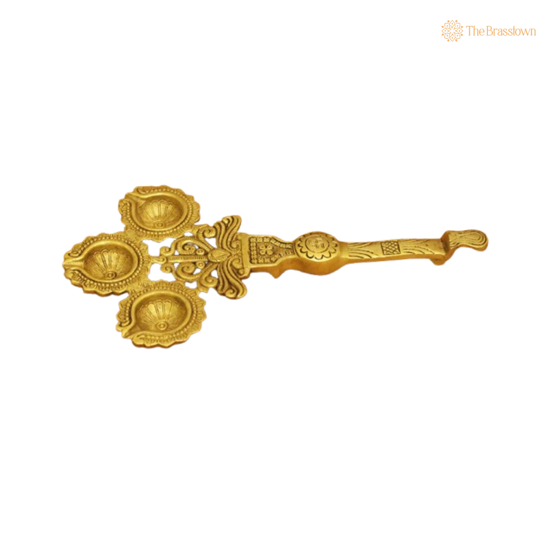Handcrafted Brass Triple Diya Holder 12.5 Inch
