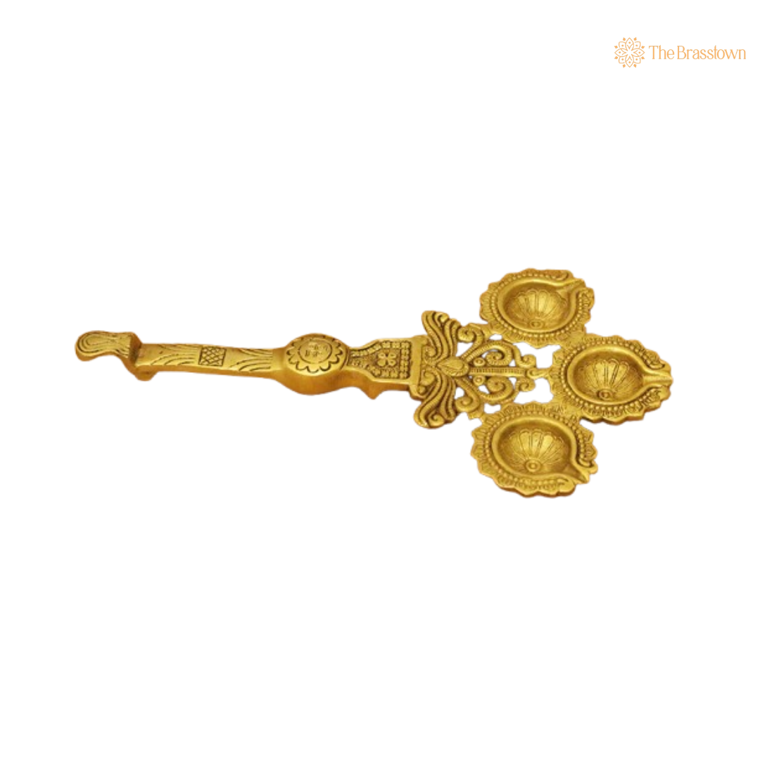 Handcrafted Brass Triple Diya Holder 12.5 Inch