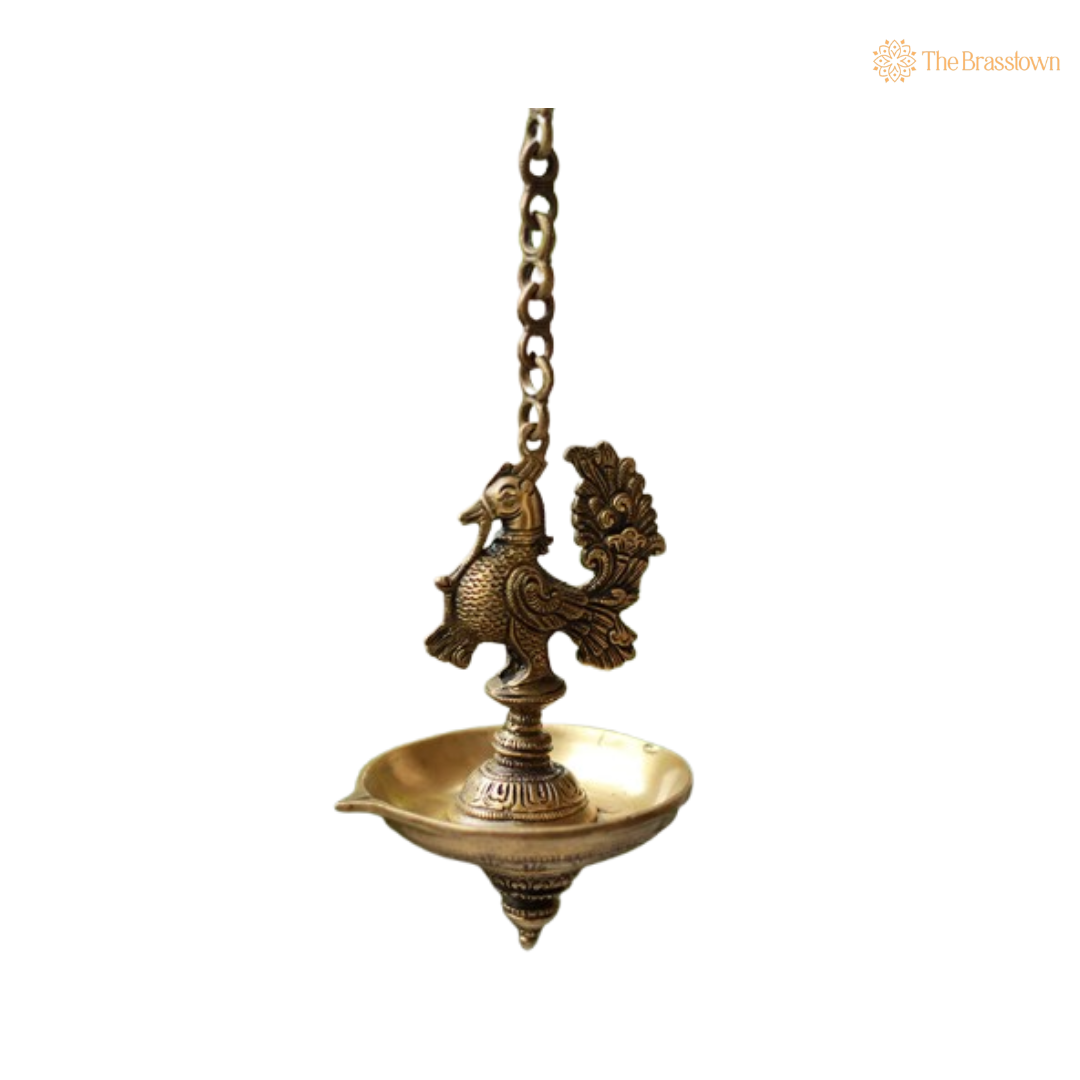Hanging Brass Peacock Diya Lamp 9 Inch
