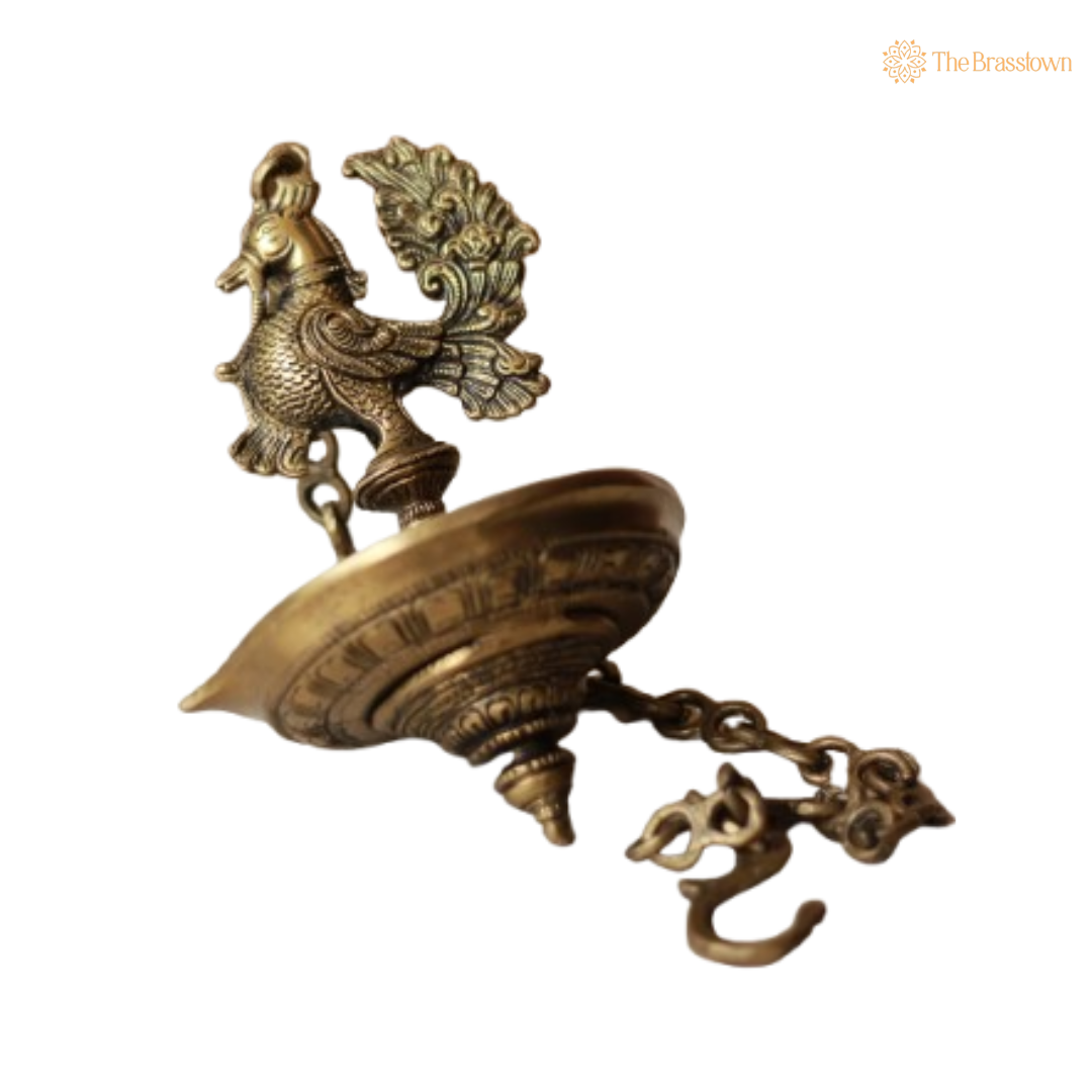 Hanging Brass Peacock Diya Lamp 9 Inch