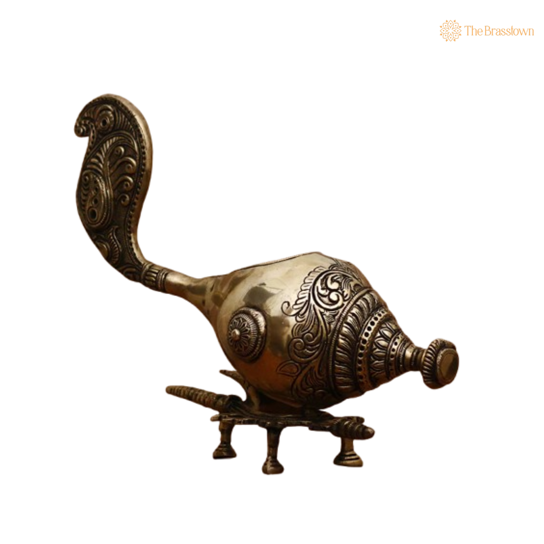 Ornate Brass Conch on Stand - A Blend of Elegance and Spirituality 7 Inch